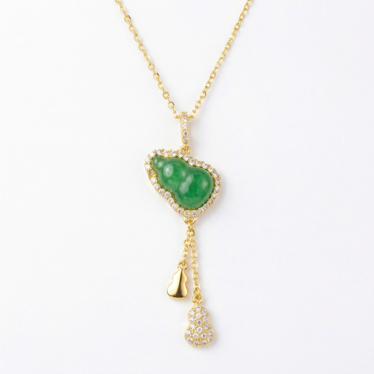 925 Sterling Silver Elegant Green Jadeite Gourd Pendant Necklace with Triple Calabash Accents