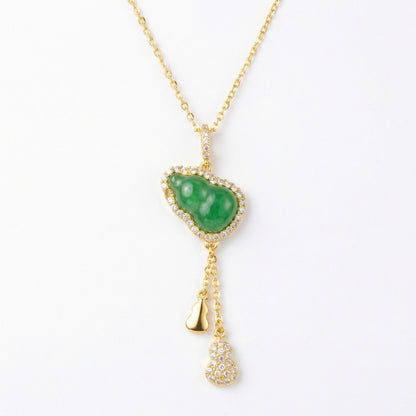 925 Sterling Silver Elegant Green Jadeite Gourd Pendant Necklace with Triple Calabash Accents