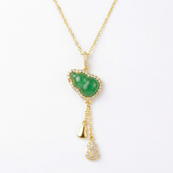 925 Sterling Silver Elegant Green Jadeite Gourd Pendant Necklace with Triple Calabash Accents