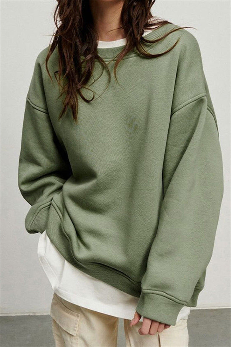 Solid-color Crew-neck Loose-fitting Pullover Hoodie