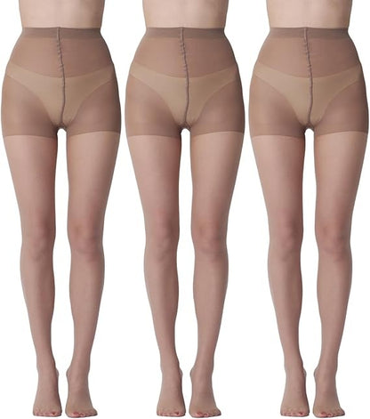 3 Pairs Womens 20D Ultra Sheer Tights With Control Top Run Resistant Pantyhose