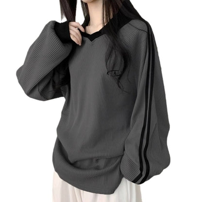 Contrast-color POLO Collar Striped Hoodie