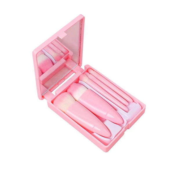 5pcs Travel Size Makeup Brushes Set Mini Makeup Brushes, Small Complete Function Cosmetic Brushes Kit With Case And Mirror Hand Hold Pocket Foldable Makeup