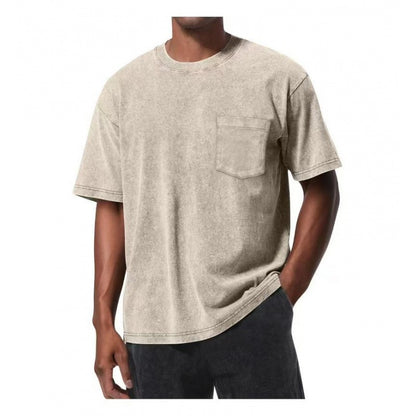 Retro Washed Pocket 3D Digital Print All-Match Crew Neck Short-Sleeve T-Shirt
