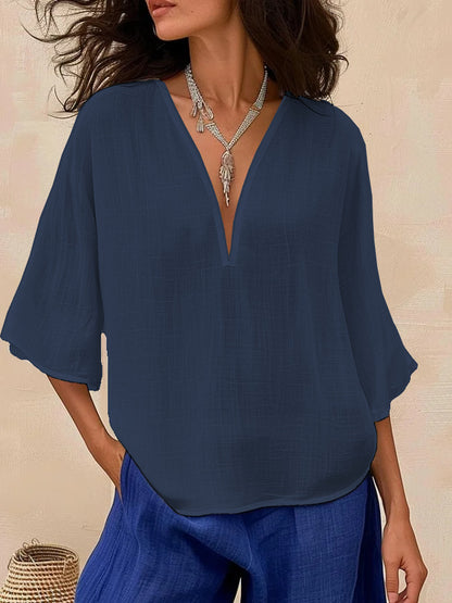 Loose Casual Solid-Colored Cotton-Linen Womens V-Neck Trendy Fashion Mid-Sleeve Top
